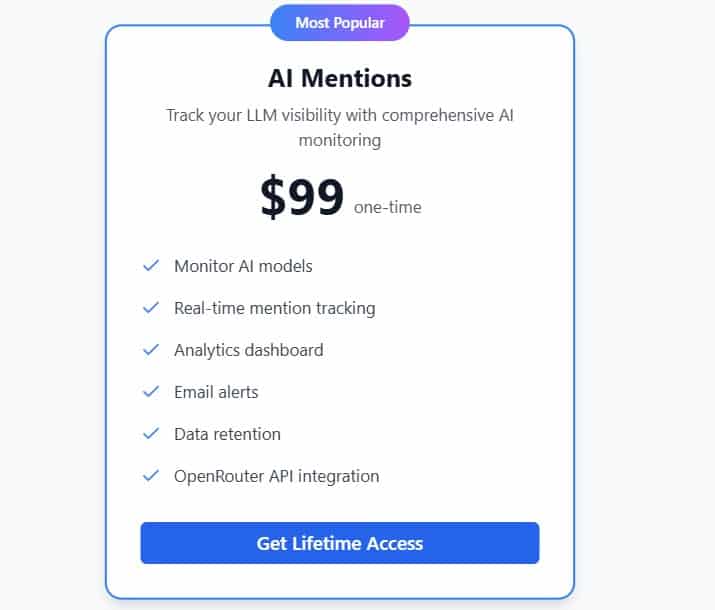 AI Mentions Lifetime Deal: AI Mentions Tracking Tool for LLM visibility at $99 one-time payment.