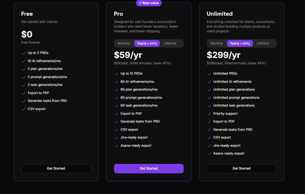 Intento Regular pricing